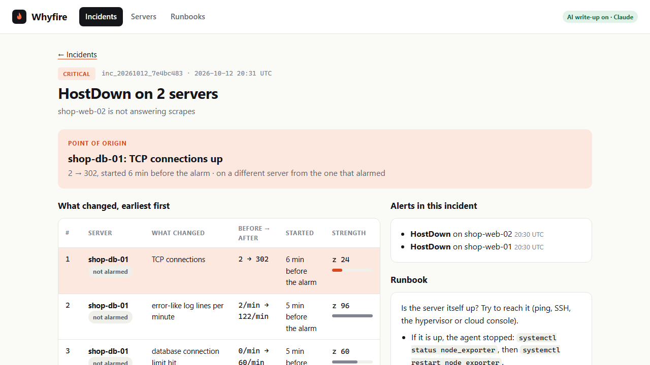 An incident in Whyfire: the point of origin above every change, ranked earliest first.